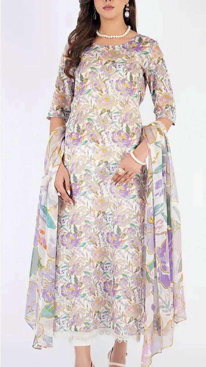 Woman wearing a floral dress with a white background