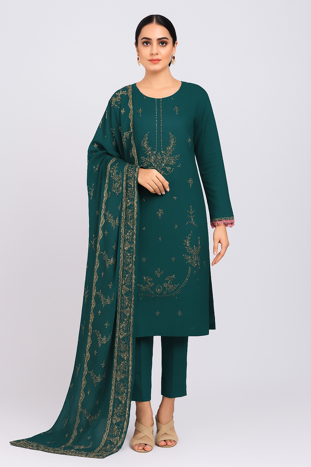 Woman wearing a green traditional outfit with a matching dupatta on a white background