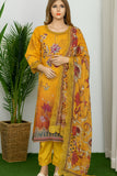 Yellow traditional outfit with floral patterns on a mannequin against a white background.