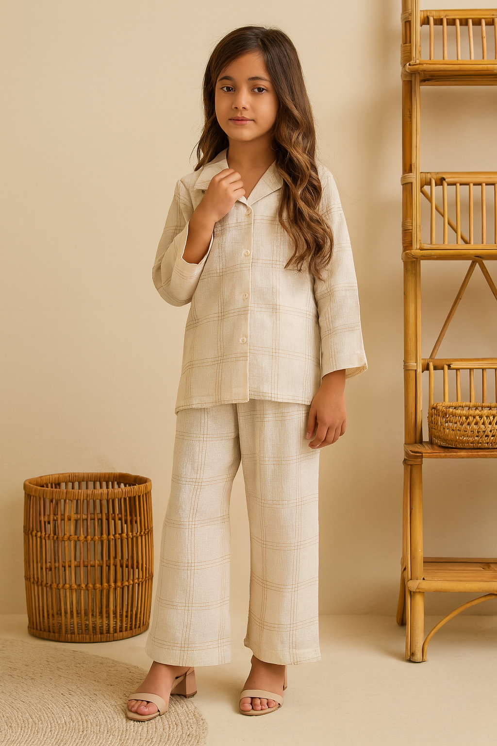 Young girl in a offwhite outfit standing next to a wooden basket and shelf against a beige wall 