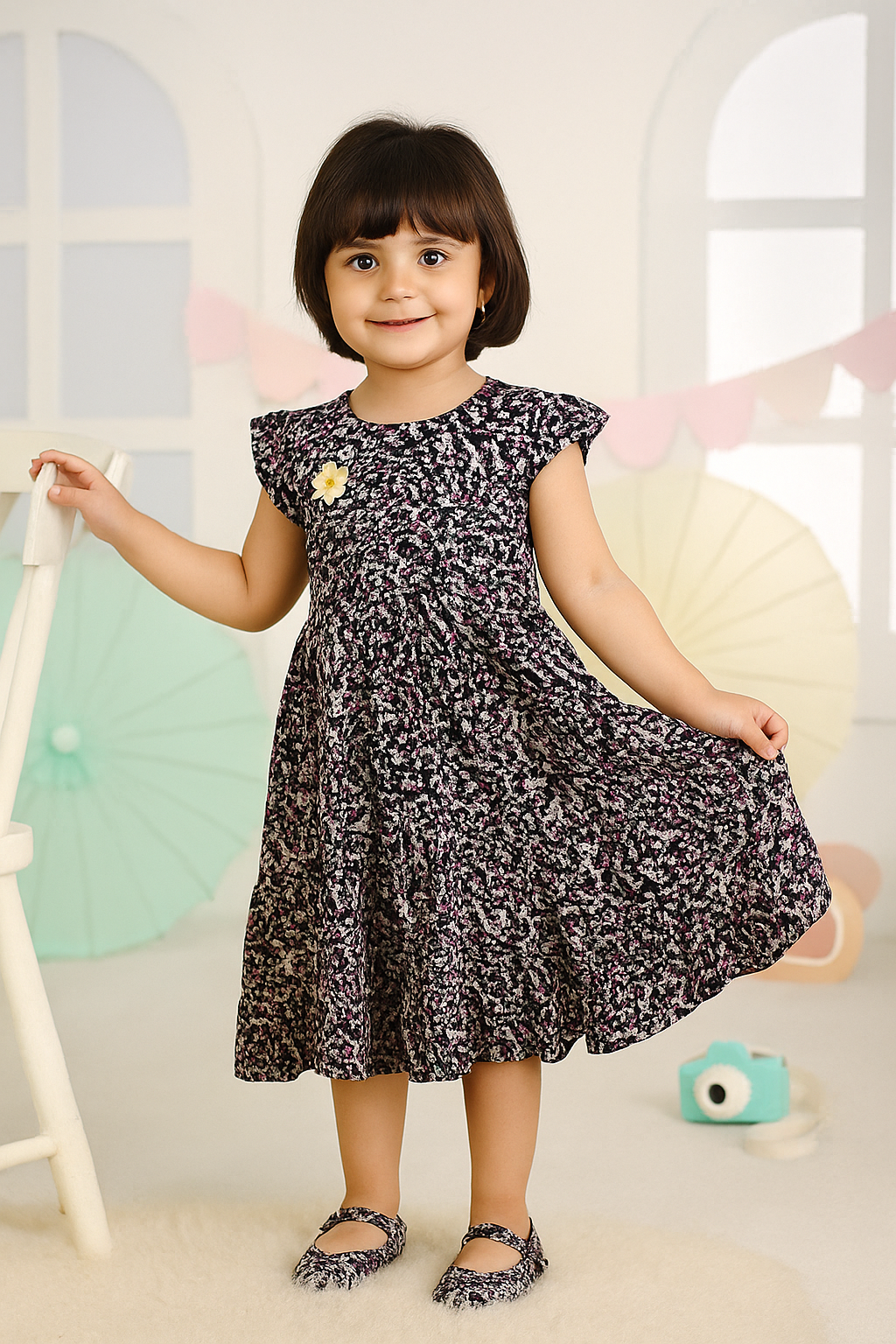 Young girl in a patterned dress standing in a room with colorful decorations.
