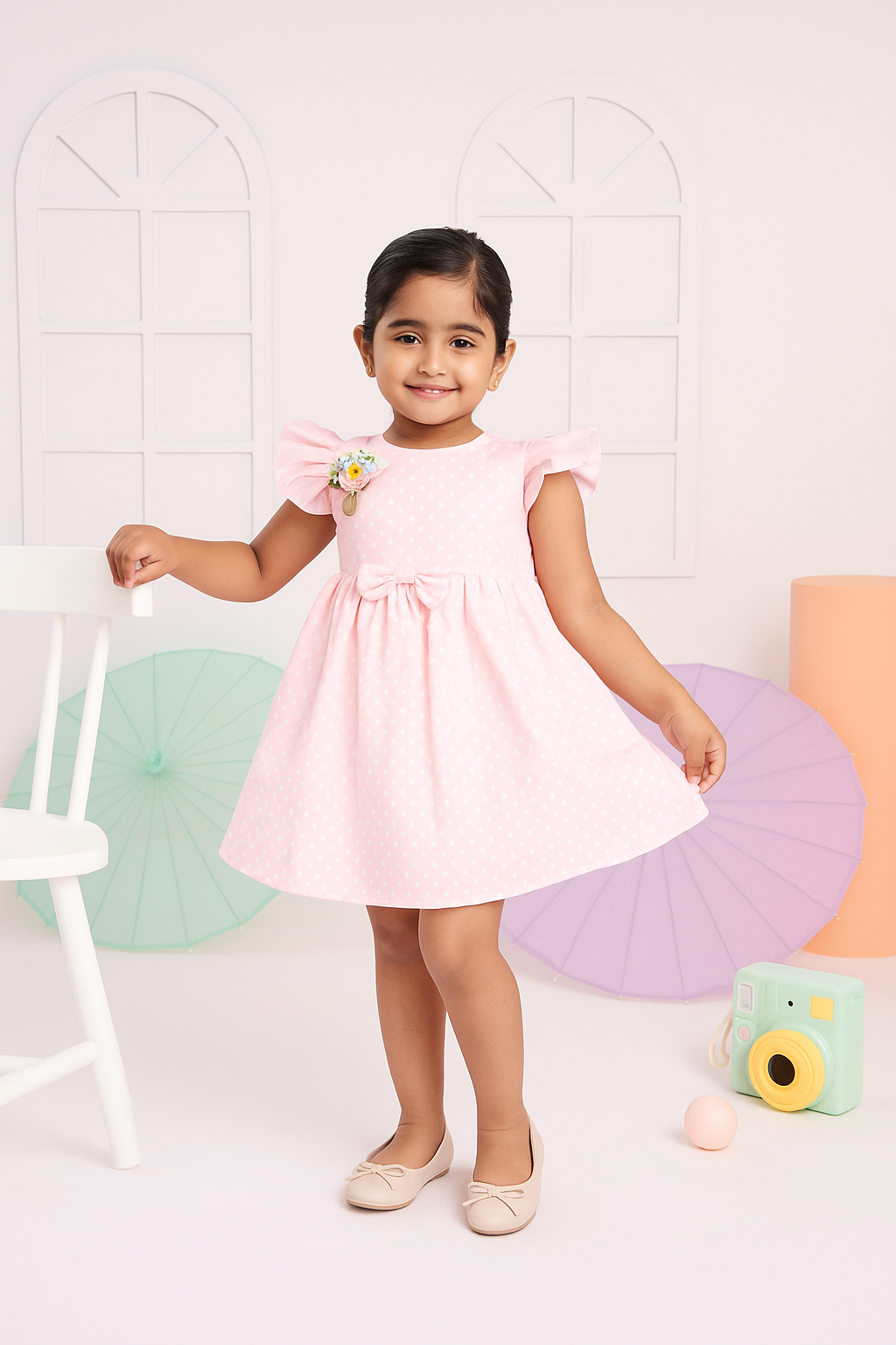 Young girl in a pink dress standing in a room with colorful toys.