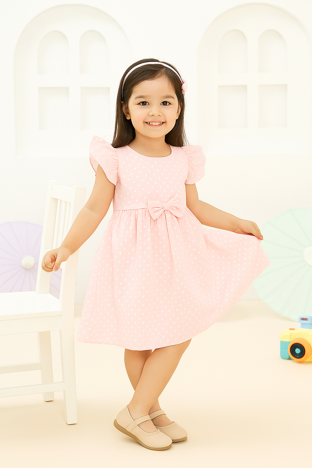 Young girl in a pink dress standing in a softly blurred indoor setting