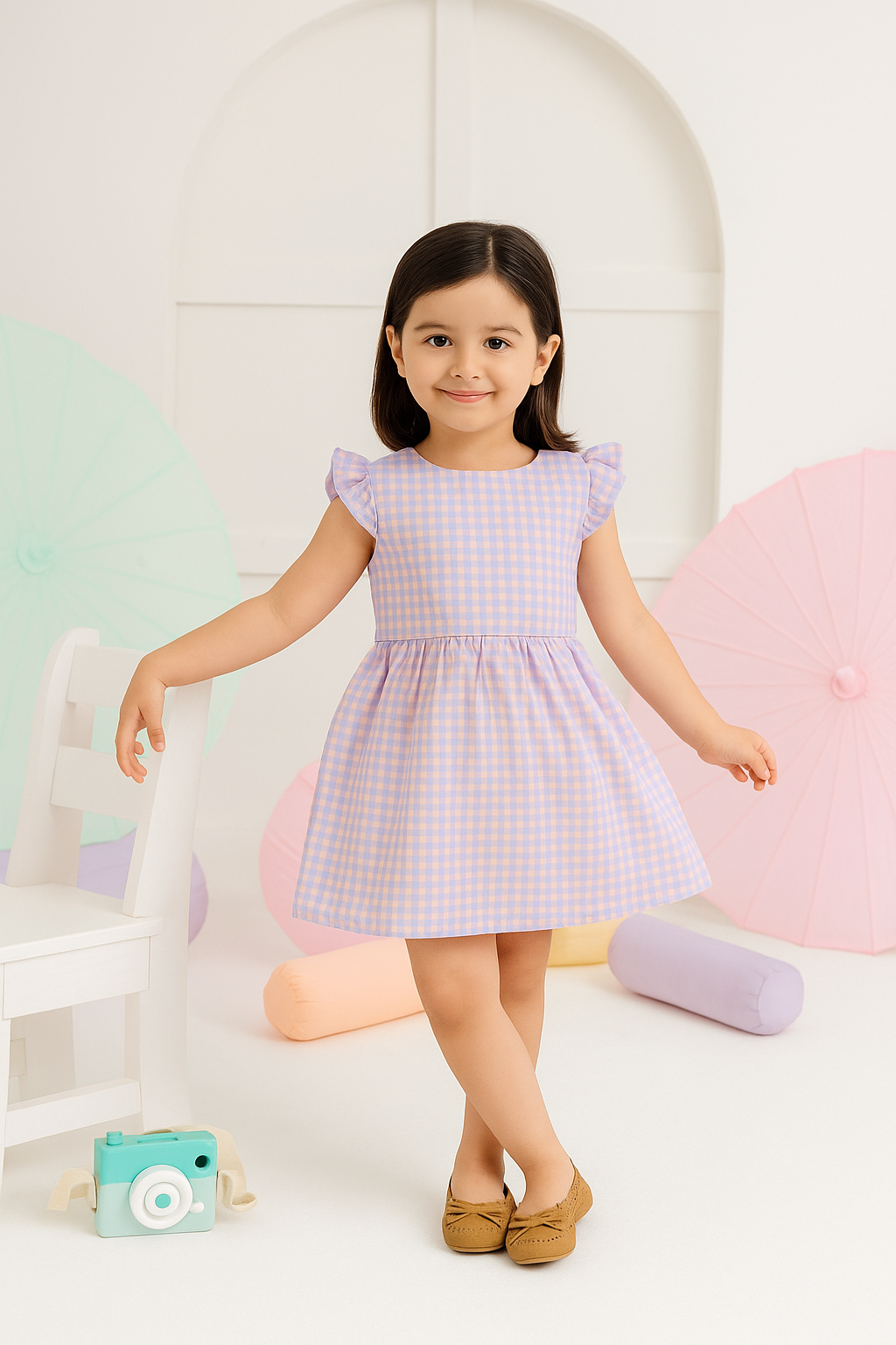 Young girl in a purple checkered top standing in a colorful room.