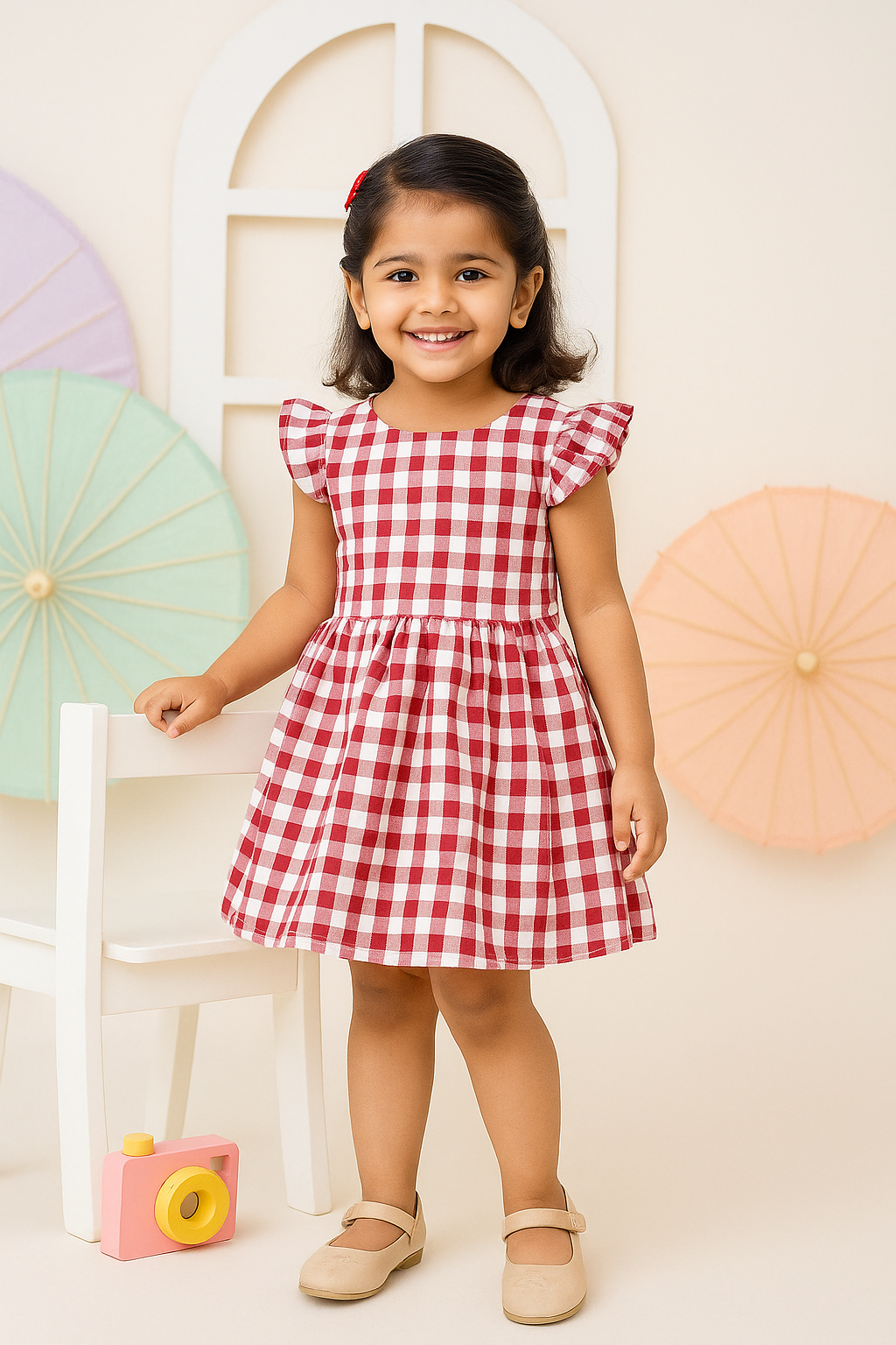Young girl in a red and white checkered dress standing in front of colorful umbrellas.