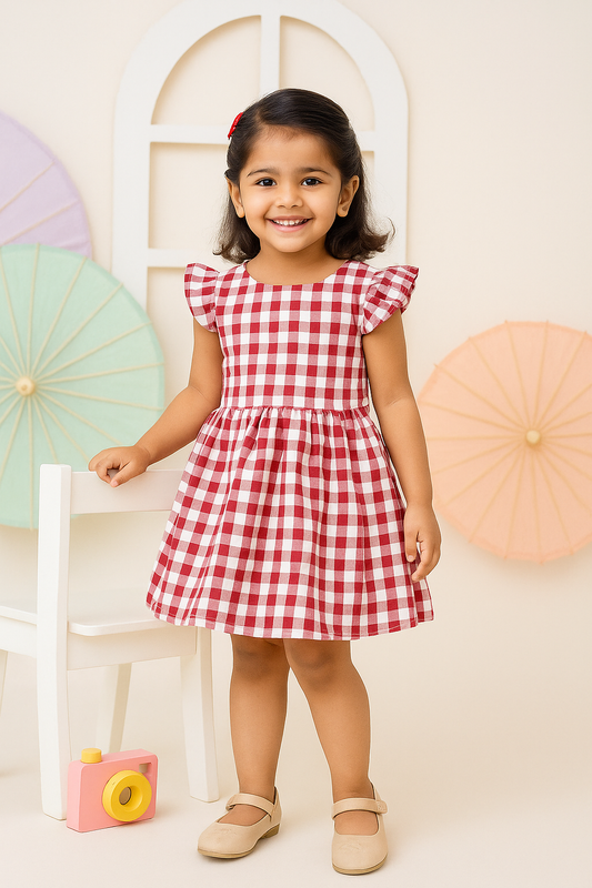Young girl in a red and white checkered dress standing in front of colorful umbrellas.