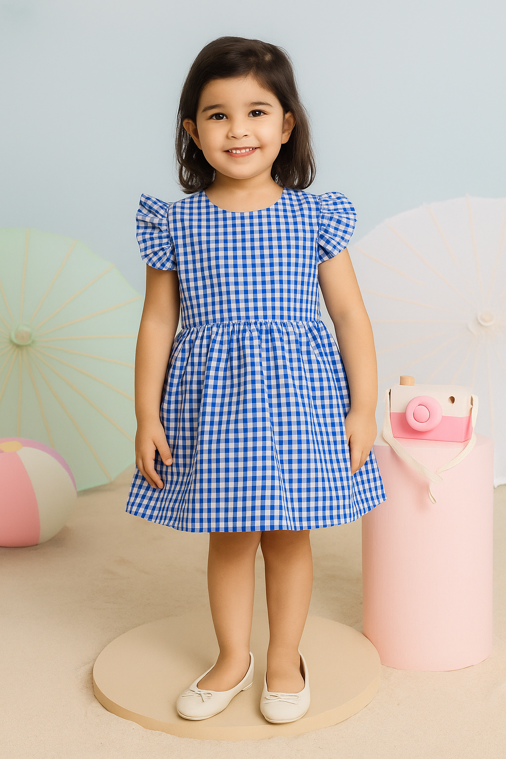 Young girl wearing a blue checkered top standing in a colorful room.