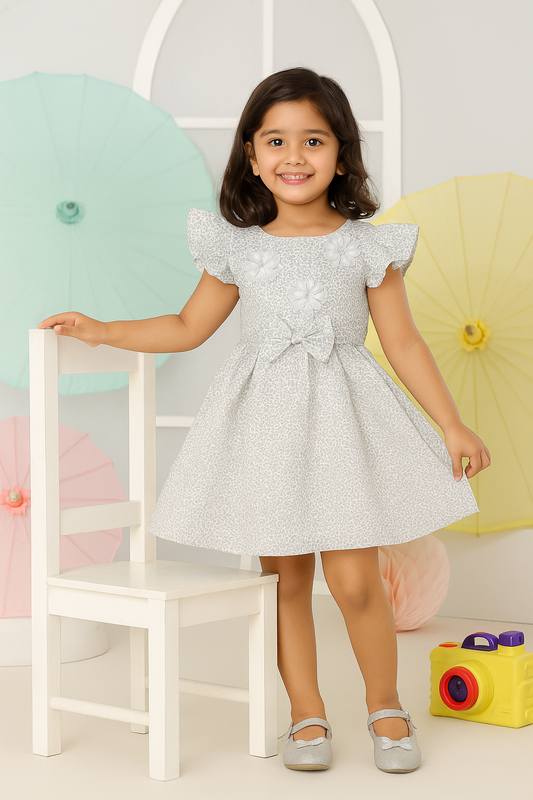 Young girl in a white dress standing in a colorful room with balloons and toys.
