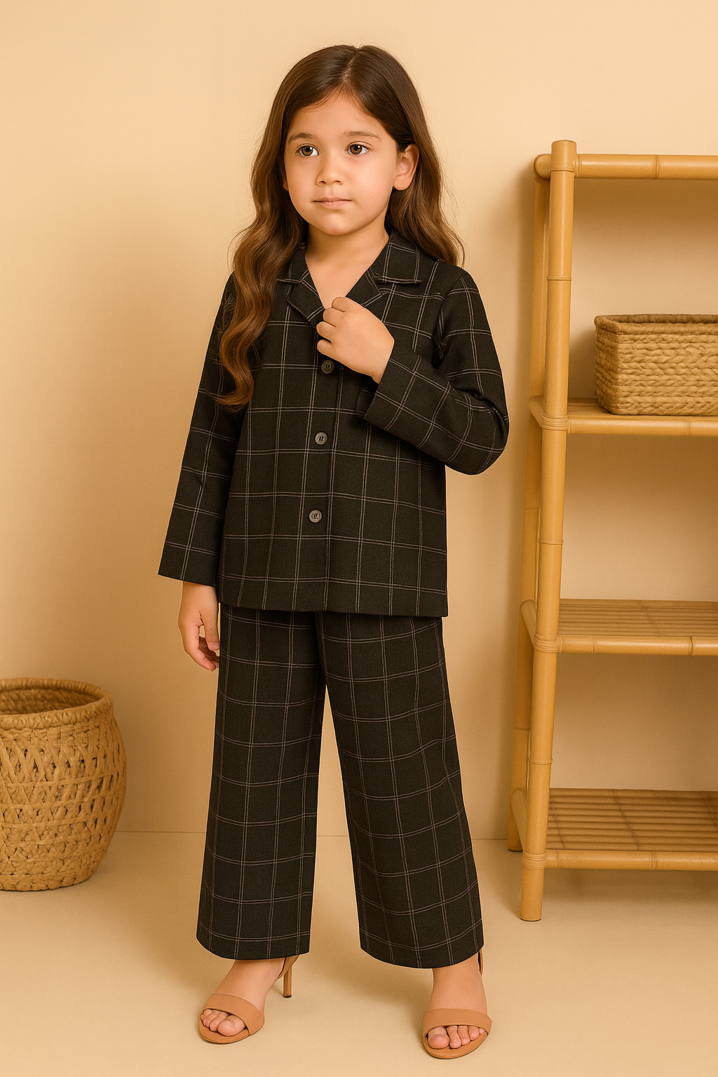 Young girl wearing a black checkered outfit standing against a beige wall with a wooden shelf.