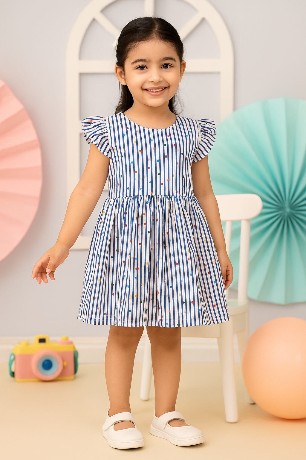 Young girl wearing a blue and white striped dress in a playful indoor setting with balloons.