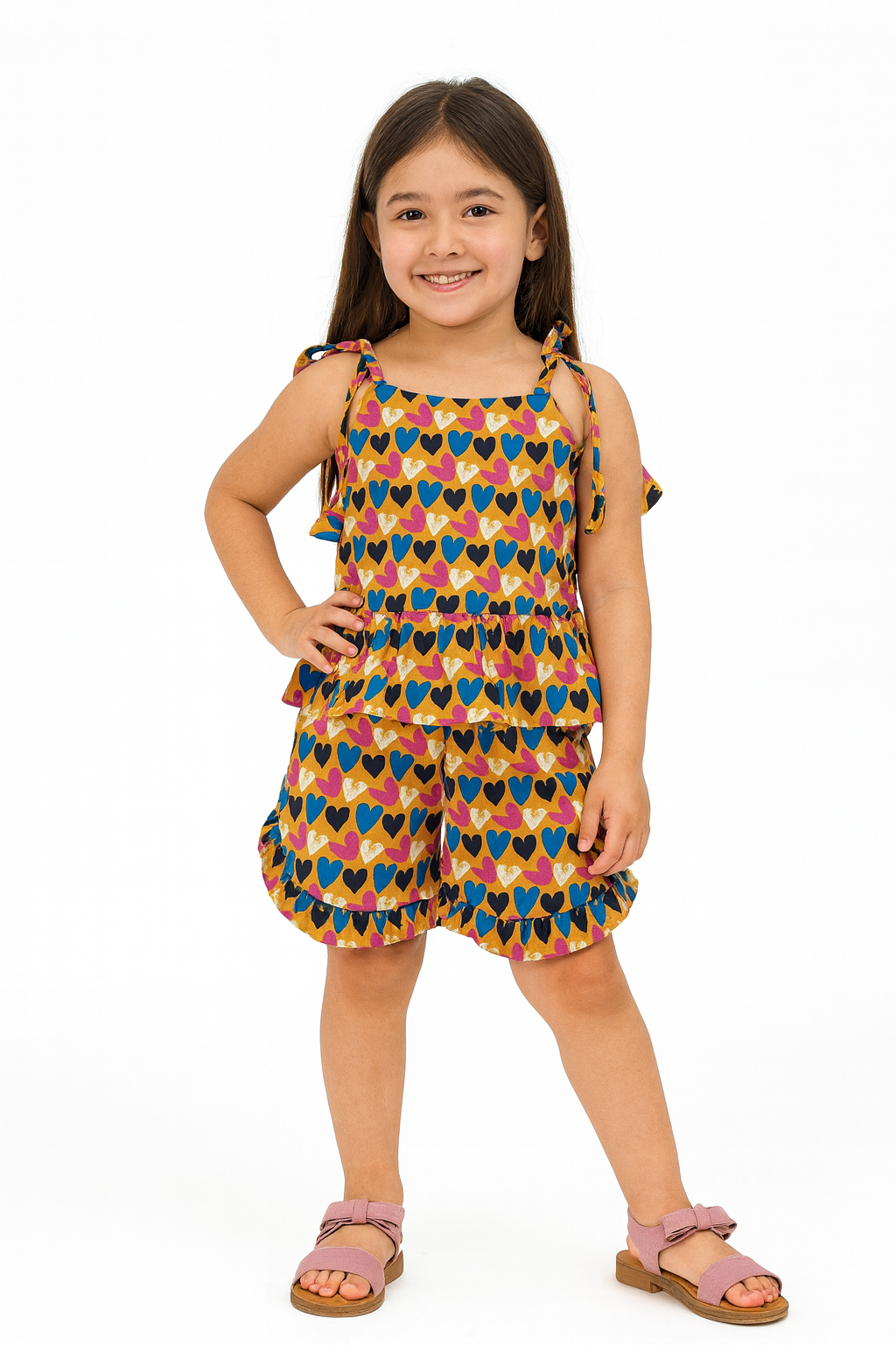 Young girl wearing a colorful dress with heart patterns on a white background