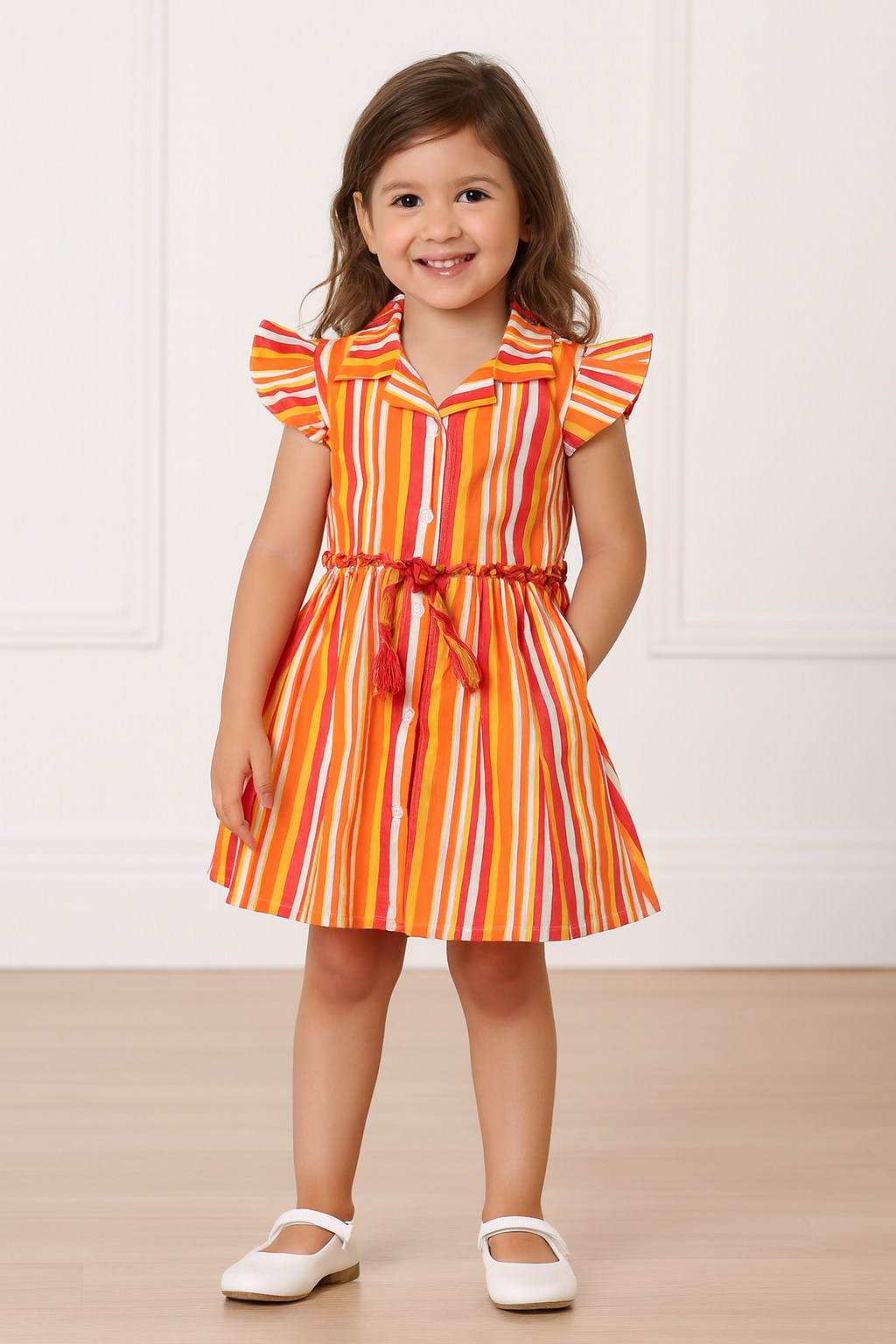 Young girl wearing a colorful striped dress against a white background