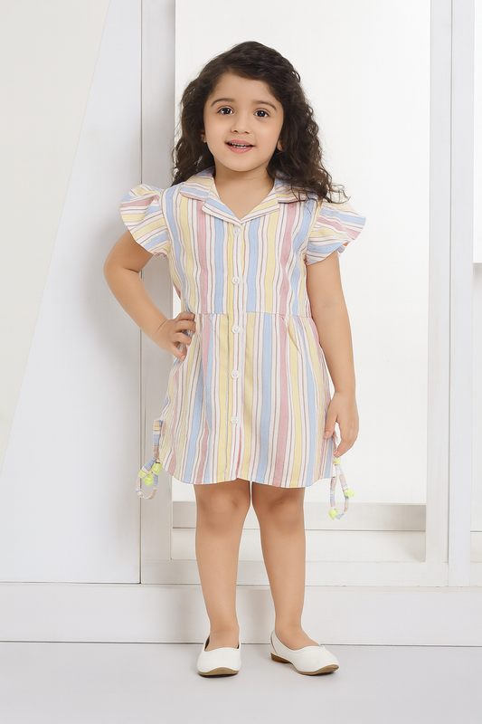 Young girl wearing a colorful striped dress with ruffled sleeves against a white background
