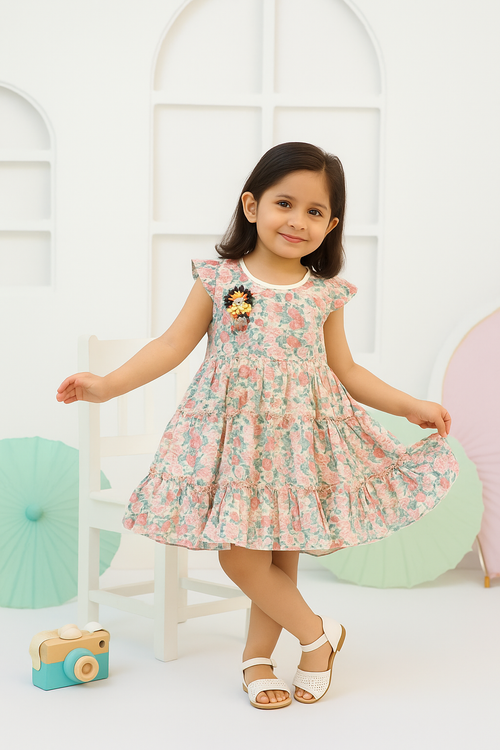 Young girl wearing a floral dress in a bright room with toys around