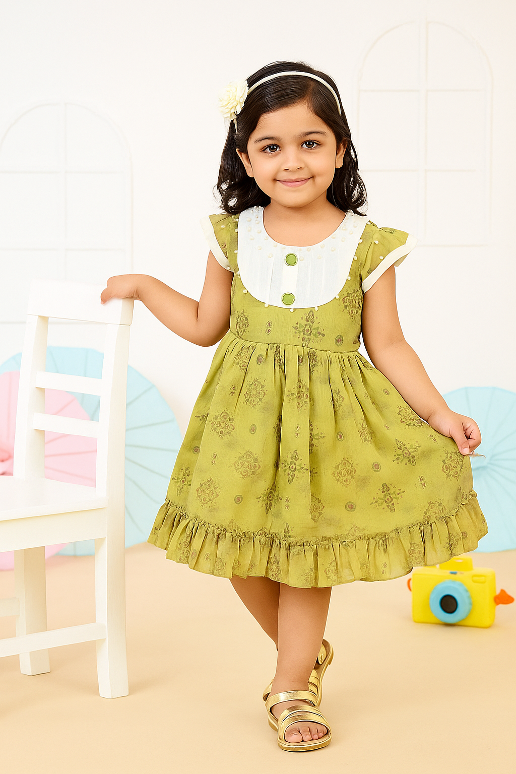 Young girl wearing a green dress with white collar and buttons, standing in a room.