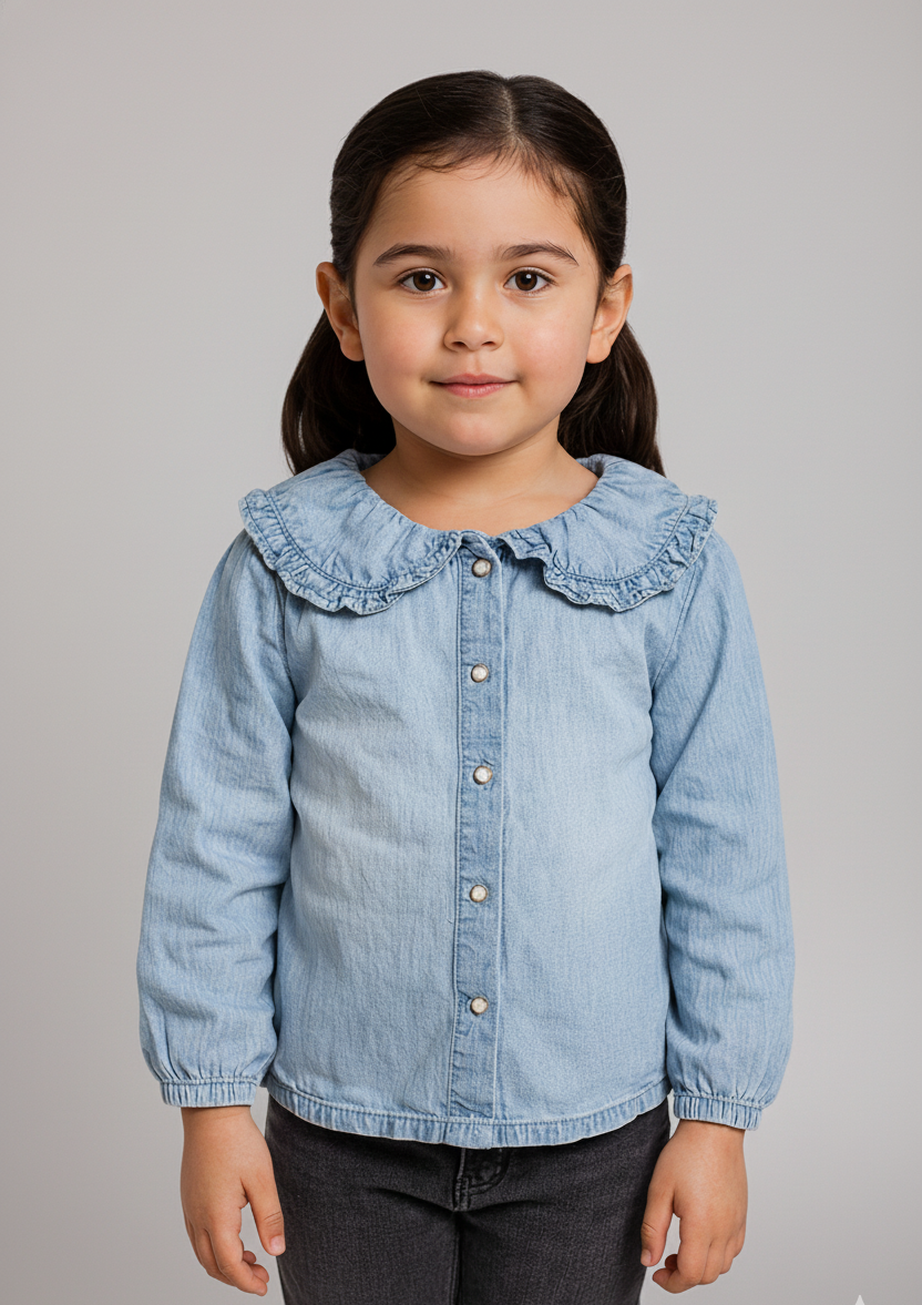 Young girl wearing a light blue denim shirt with ruffled collar on a gray background