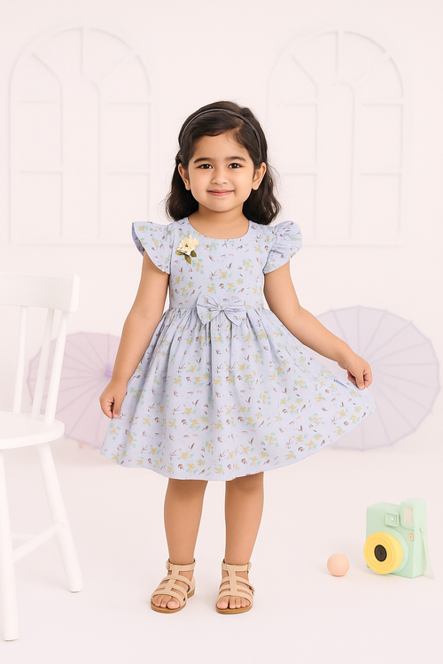 Young girl wearing a light blue dress with floral pattern on a white background