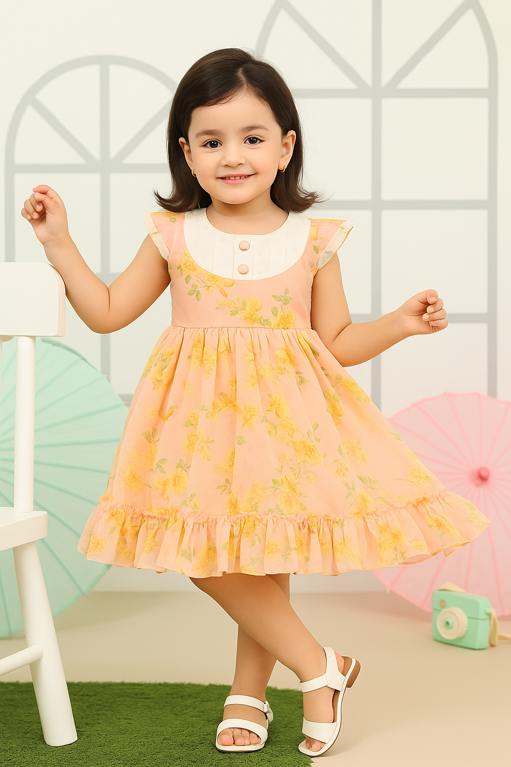 Young girl wearing a light pink white dress 