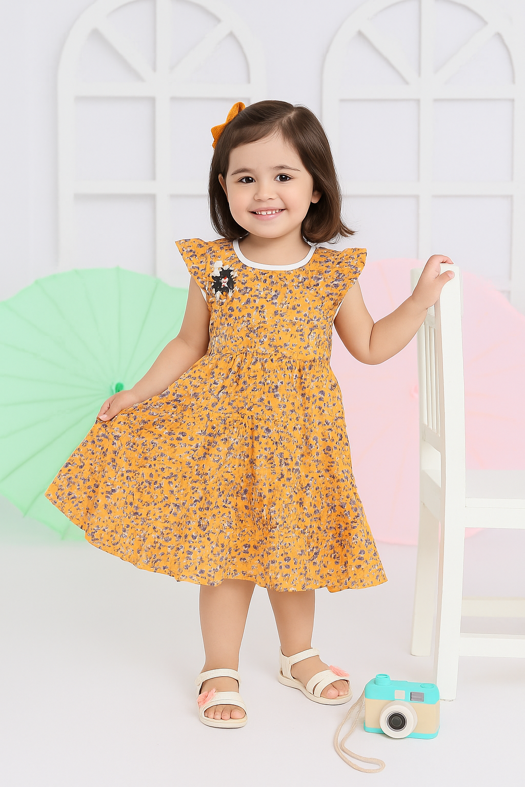 Young girl wearing a lite brown cheeta dress