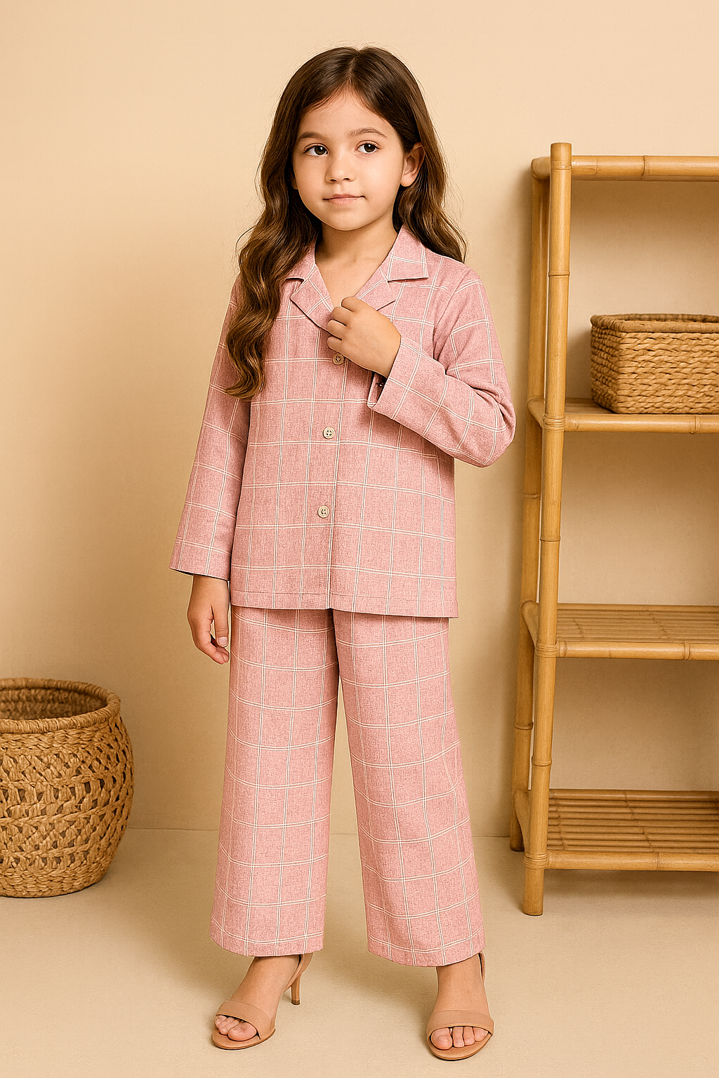 Young girl wearing a pink checkered outfit standing in front of a beige wall with a woven basket and wooden shelf.
