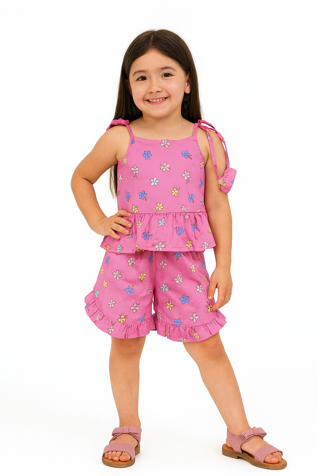 Young girl wearing a pink floral outfit on a white background