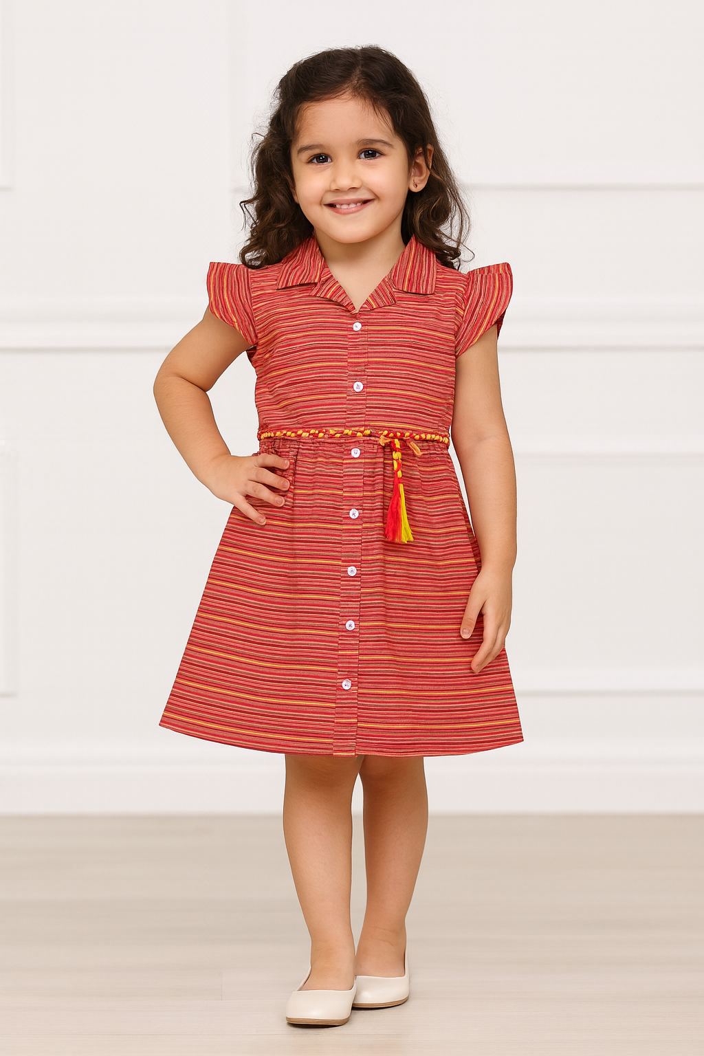 Young girl wearing a red striped top with a yellow belt against a white background