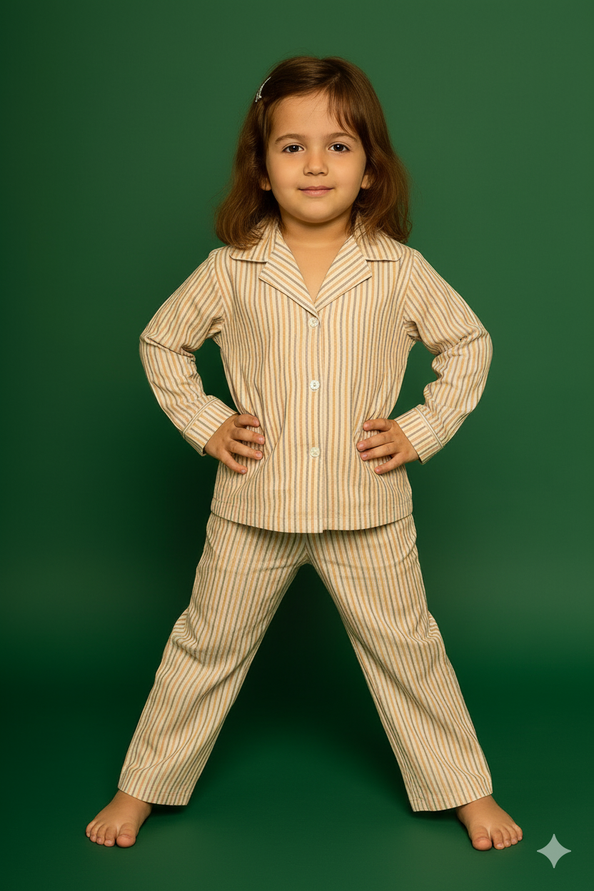 Young girl wearing a striped shirt pajama set against a green background
