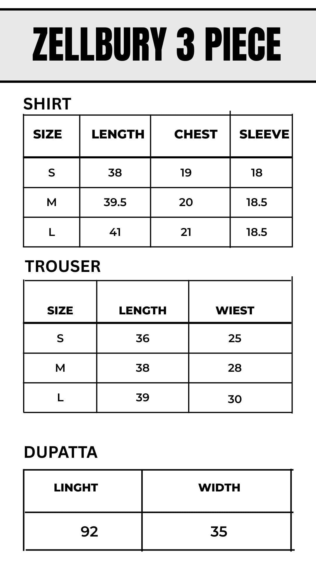 Measurement chart for Zellbury 3 piece outfit including shirt, trouser, and dupatta with size dimensions.