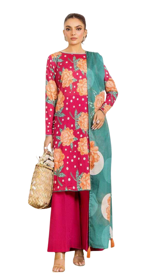 Woman wearing a colorful traditional outfit with a pink and orange floral design on a white background