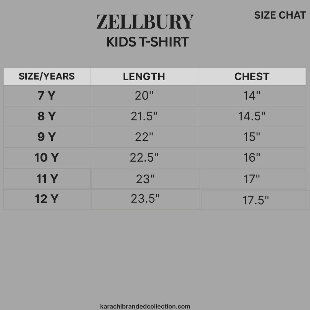 Zellbury kids t-shirt size chart on a gray background