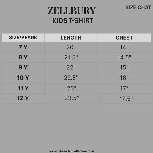 Zellbury kids t-shirt size chart on a gray background