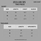 Zellbury size chart for shirt and trouser measurements on a gray background