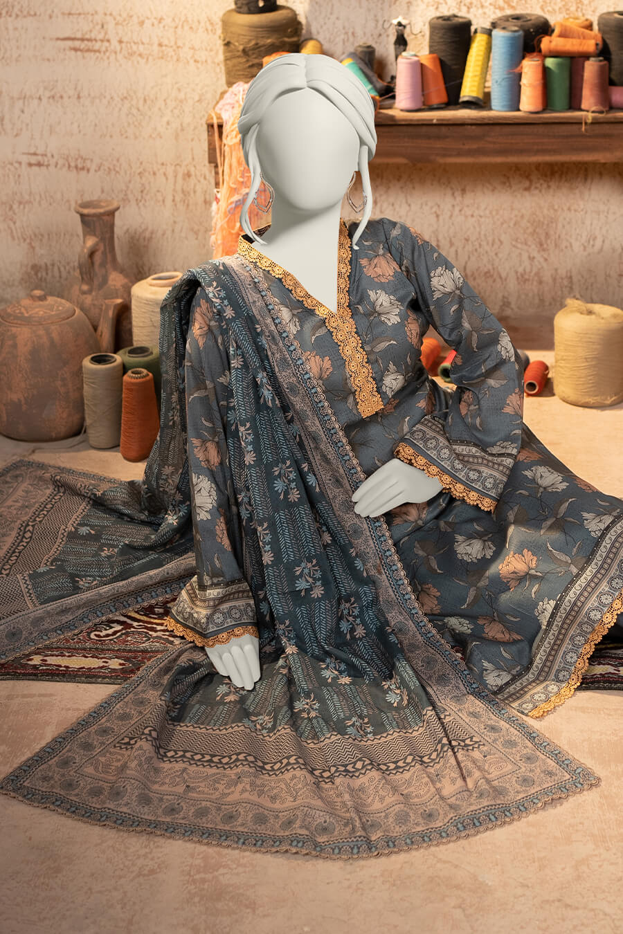 Almeerah Estiva – Premium Digital Three Piece Suit (Grey)