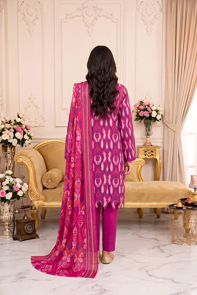 Zsh Stitched 3pc Printed Lawn Suit (Pink)
