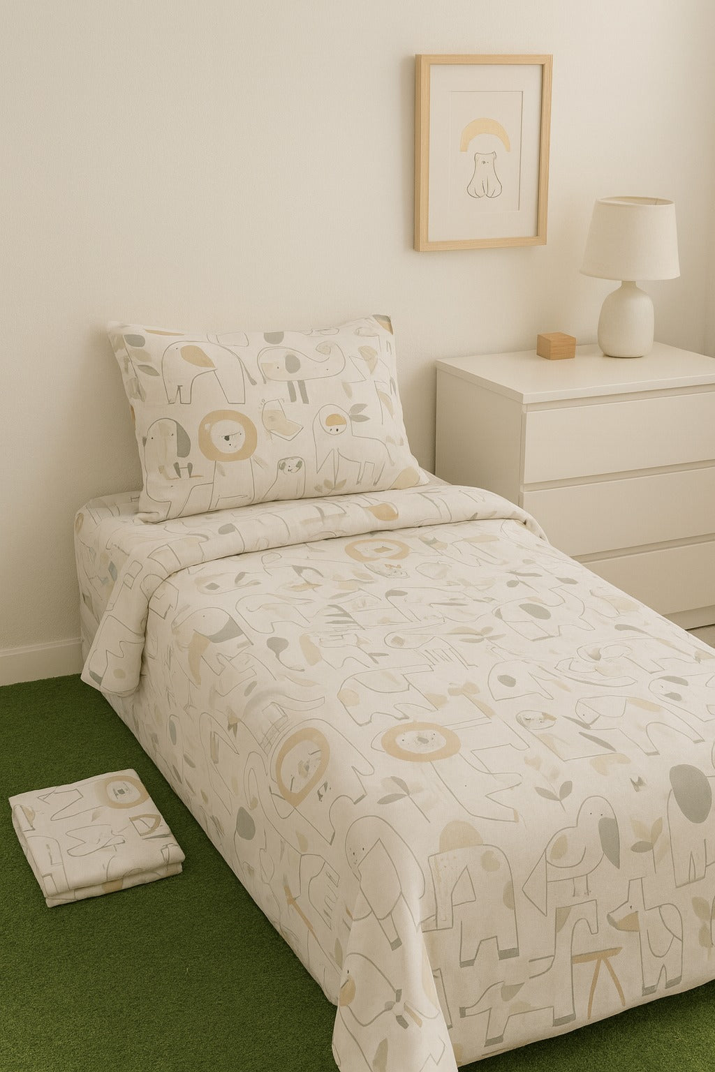 Children's bedroom with a bed featuring animal-themed bedding, a nightstand, and framed artwork.