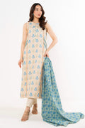 Woman wearing a beige kurta with blue floral patterns and matching dupatta on a white background