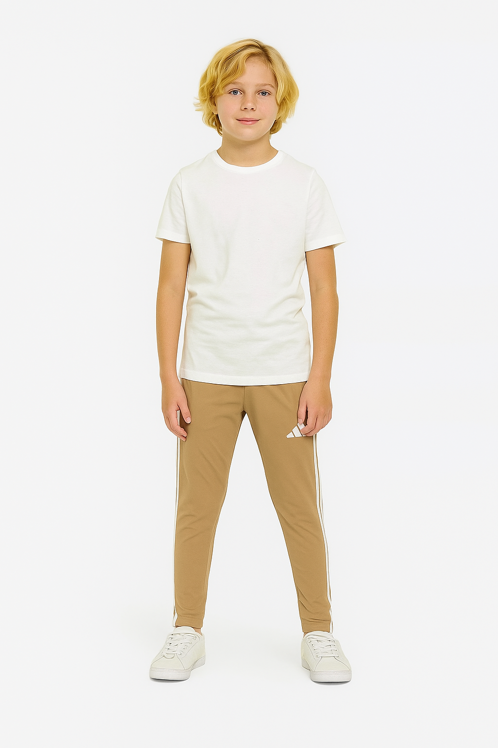 Young person wearing a white t-shirt and beige pants on a white background