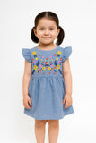 Young girl wearing a blue dress with floral embroidery on a white background