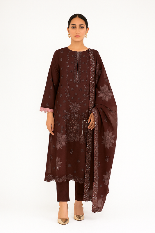 Woman wearing a brown embroidered outfit with a matching dupatta on a white background