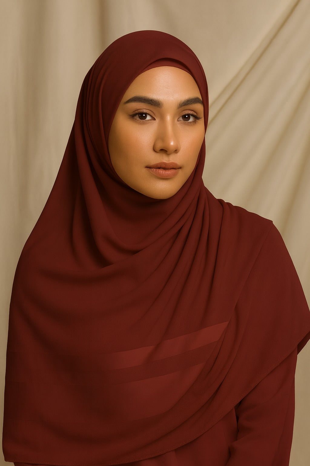 Woman wearing a brown hijab against a beige background