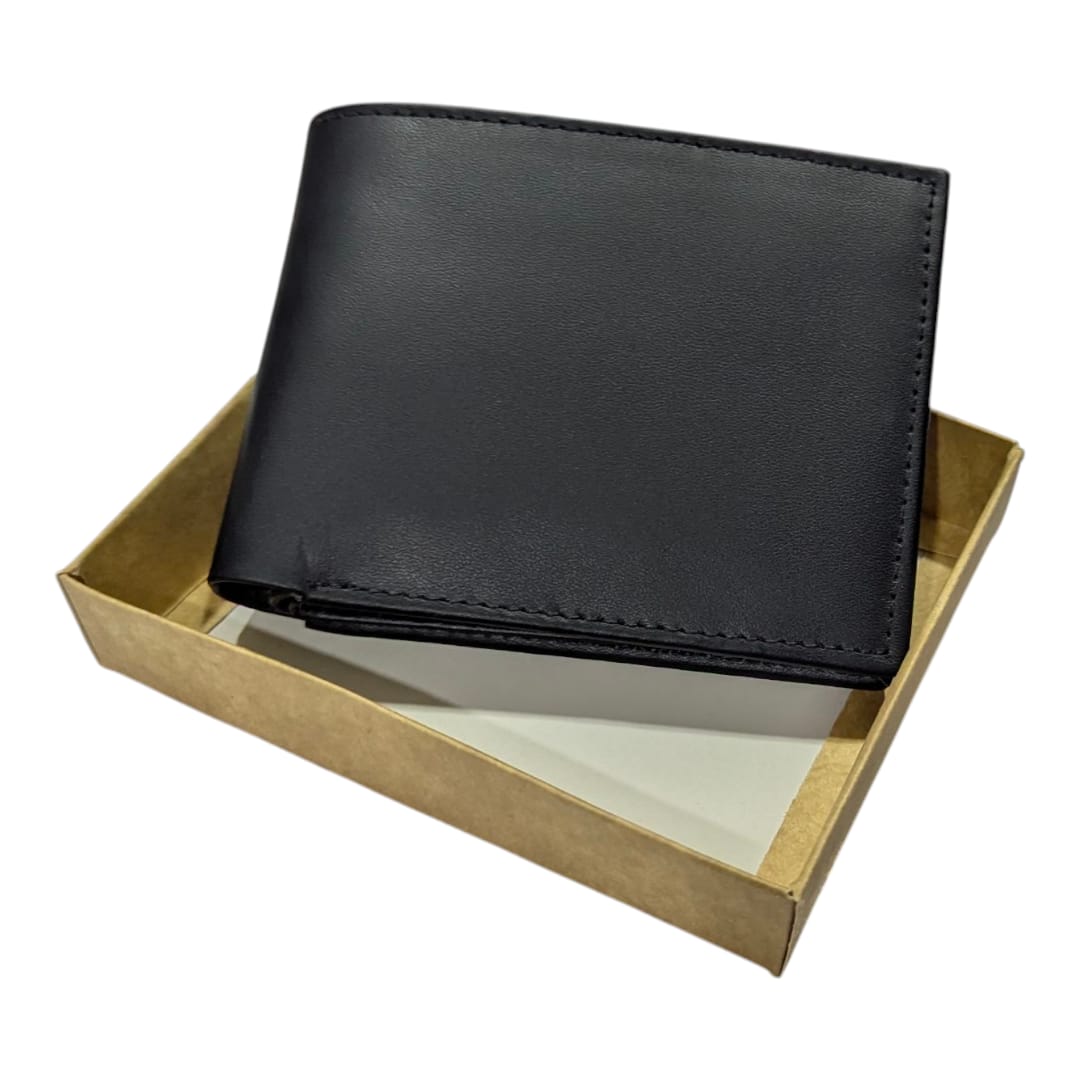 brown leather wallet in a cardboard box on a white background
