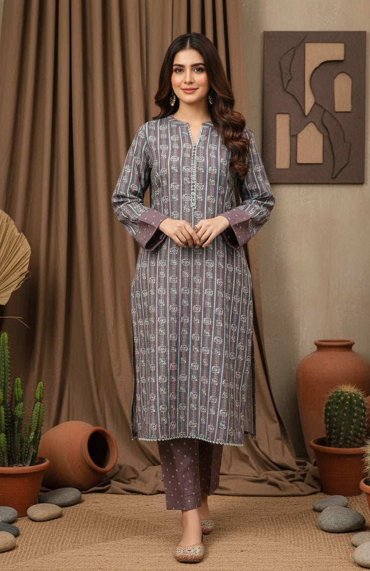 Woman in a brown  patterned outfit standing in a decorative indoor setting with plants and a brown .