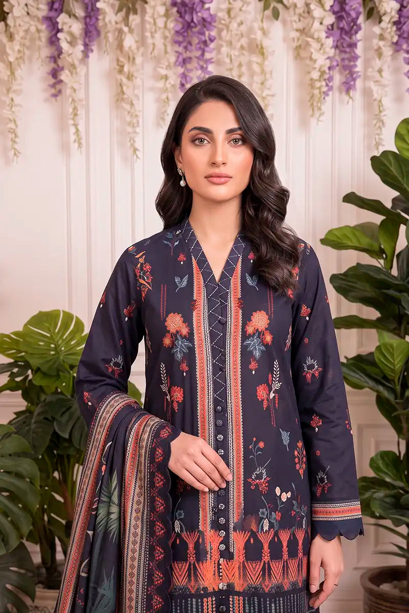 Zsh Stitched 3pc Printed Lawn Suit (Navy Blue)