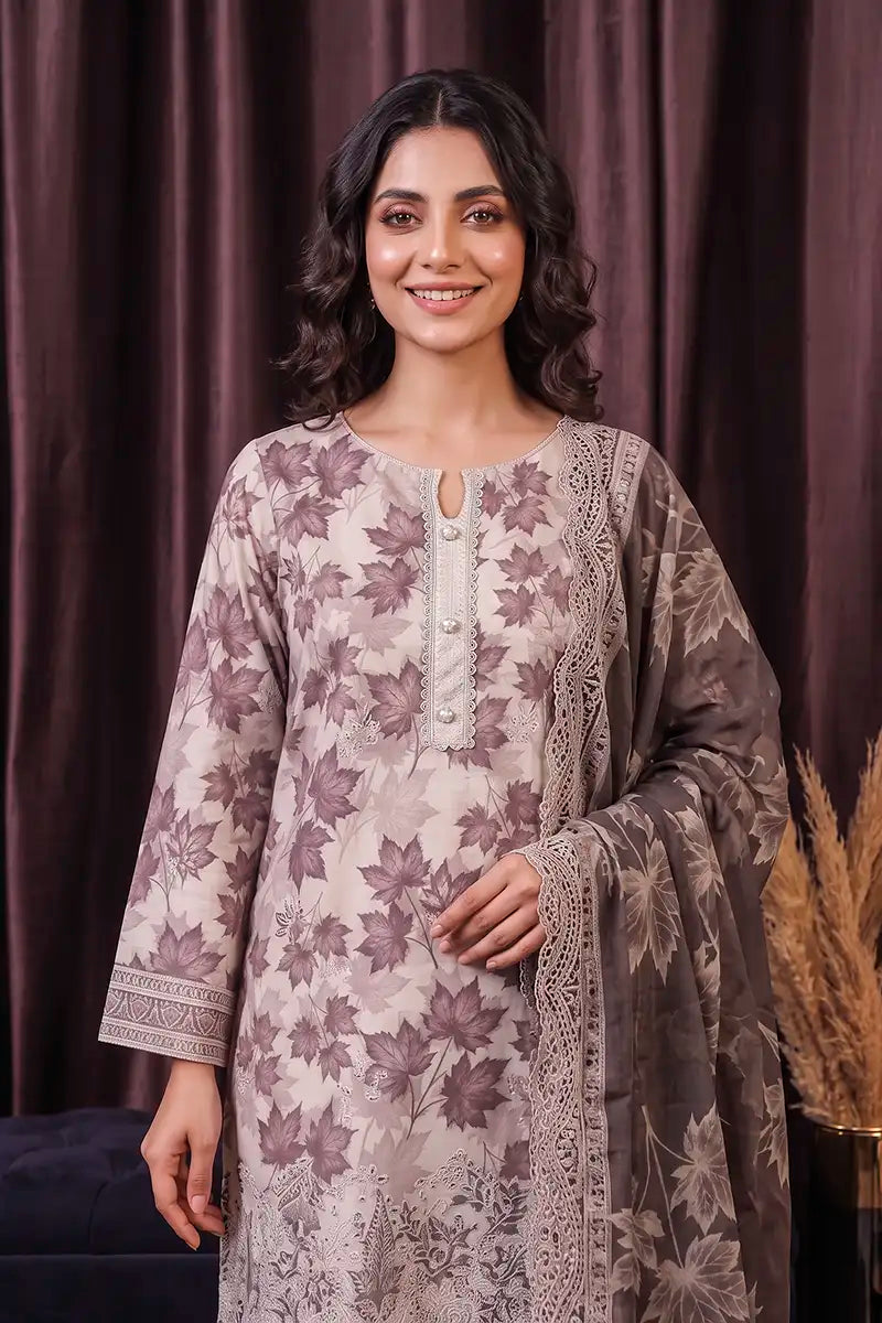 Zsh Stitched 3pc Printed Lawn Suit (Light Mushroom)