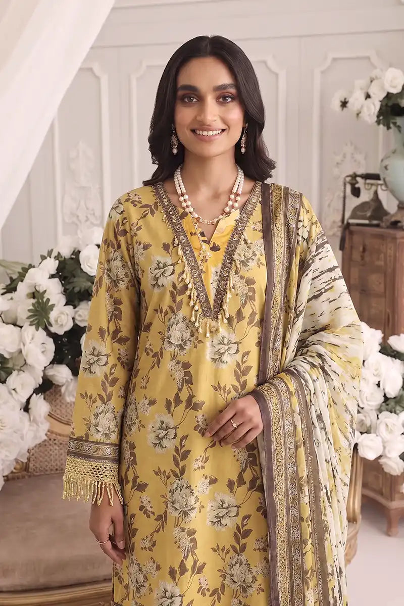 Zsh Stitched 3pc Printed Lawn Suit (Mustard Yellow)