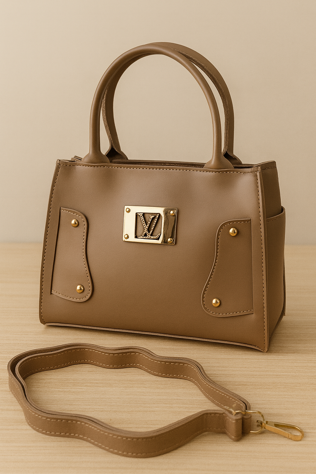 coffe handbag with gold accents on a wooden surface