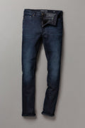 Pair of dark blue jeans on a light gray background
