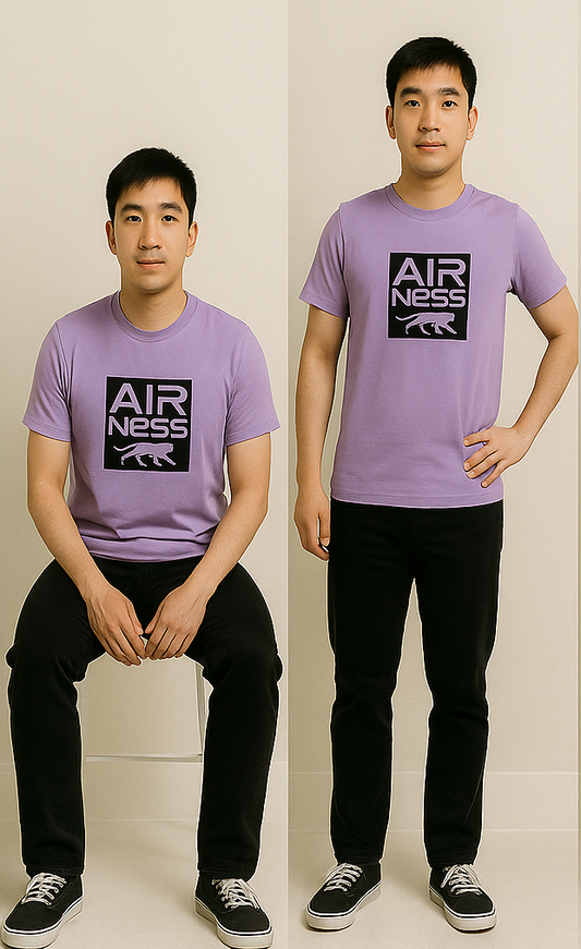 people wearing purple 'AIR NESS' t-shirts sitting on a white chair.