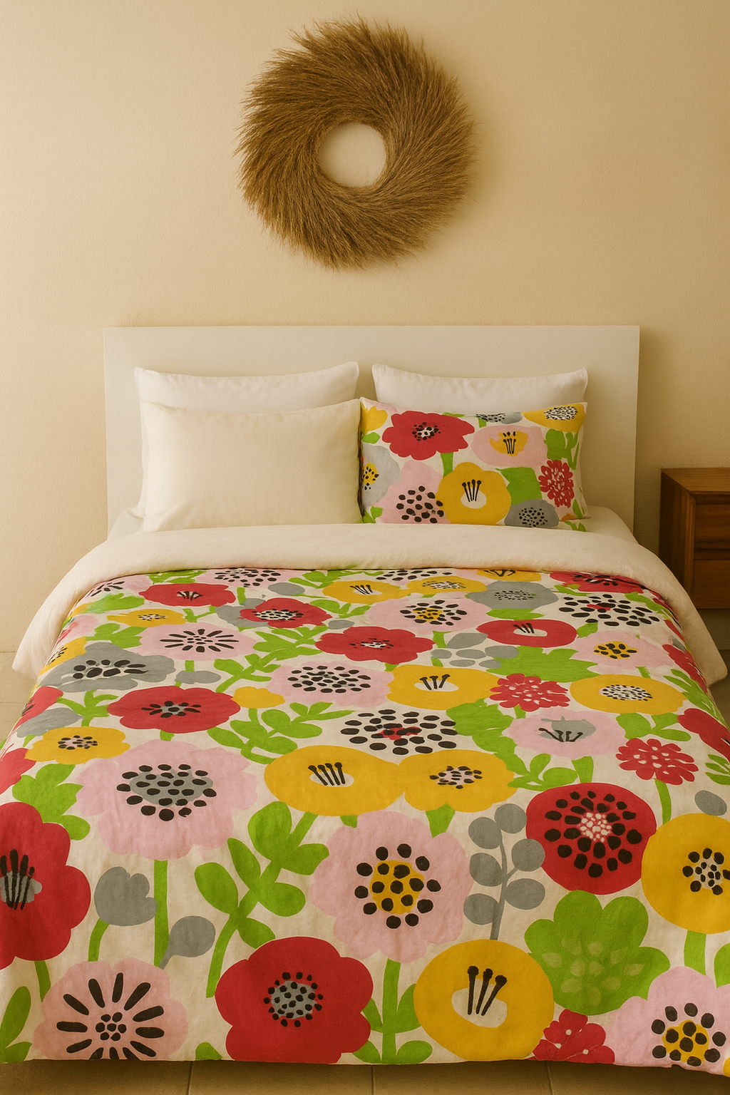 Bed with colorful floral bedding and a decorative wreath on the wall.