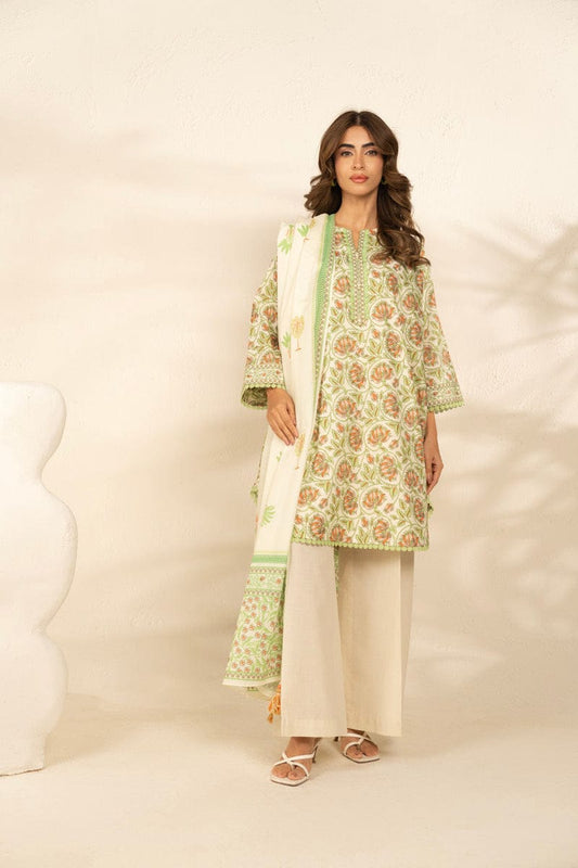 Woman wearing a floral dress with a white background